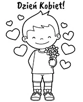 Kolorowanka mały chłopiec z kwiatami na dzień kobiet